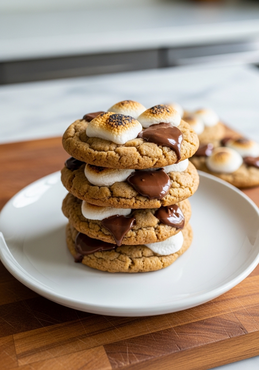 A close-up, slightly elevated shot of a stack of warm S'mores Cookies on a minimalist white plate. The cookies showcase perfectly toasted marshmallows and glistening melted chocolate. This is set on the wooden cutting board, with marble countertops and soft natural morning light in the background. No hands or people, focus on delicious texture and inviting warmth.