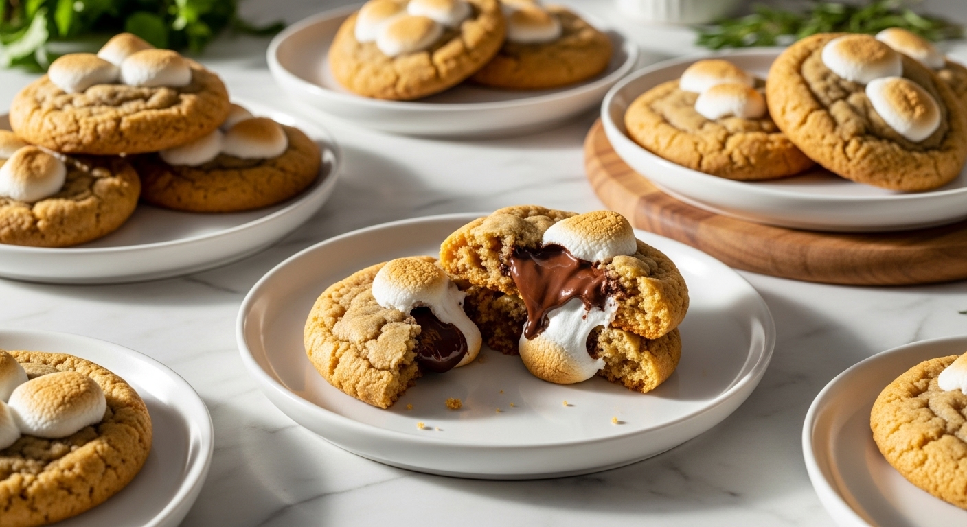 A beautifully arranged plate of golden-brown S'mores Cookies, some broken open to show gooey marshmallow and melted chocolate. The cookies are on minimalist white plates on marble countertops with wood accents. Natural morning light casts soft shadows. Fresh herbs are visible in the background, out of focus. Clean and tidy presentation, warm tones, focus on appetite appeal. No hands or people.