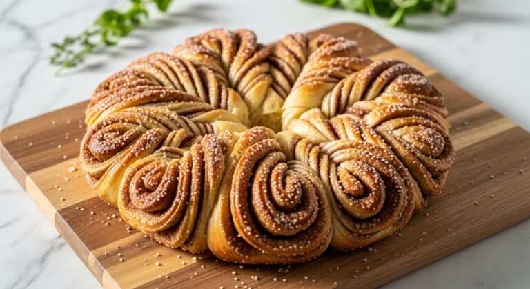 A beautifully baked, golden brown snowflake bread, dusted with coarse sugar, centered on the same wooden cutting board. The intricate cinnamon swirls are clearly visible within the twisted pull-apart sections. It's positioned on marble countertops with soft, natural morning light illuminating the scene. Subtle soft shadows fall gracefully, and fresh herbs are delicately blurred in the background, maintaining a clean, tidy, and warm-toned presentation. The overall feeling is deliciously appealing and inviting.