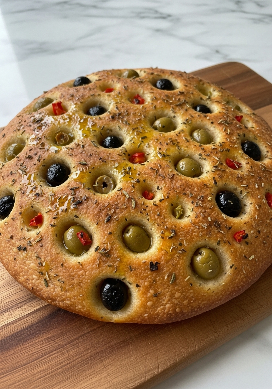 A close-up, 3:4 shot of the full baked sourdough focaccia bread, showcasing its golden-brown, perfectly dimpled surface generously studded with green and black olives, small red pepper pieces, and dried herbs. It's deliciously placed on the signature wooden cutting board, bathed in soft natural morning light on the marble countertops. A subtle drizzle of olive oil glistens on the bread, emphasizing its mouth-watering appeal and rustic charm.