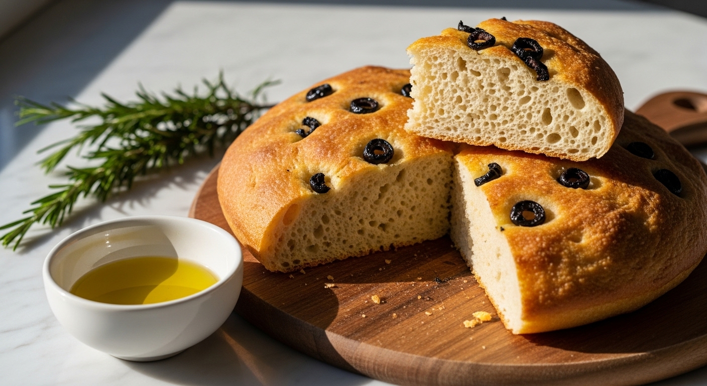 A stunning 16:9 hero shot of the golden-brown, olive-studded sourdough focaccia bread, a delicious slice elevated to reveal its airy, open crumb. It rests on the signature wooden cutting board, with a small minimalist white ceramic bowl of glistening olive oil for dipping and fresh rosemary sprigs artfully placed in the background. The scene is bathed in natural morning light from the east window, casting soft shadows on the marble countertops, creating a warm and inviting atmosphere. The presentation is clean and tidy, emphasizing the bread's irresistible homemade appeal.