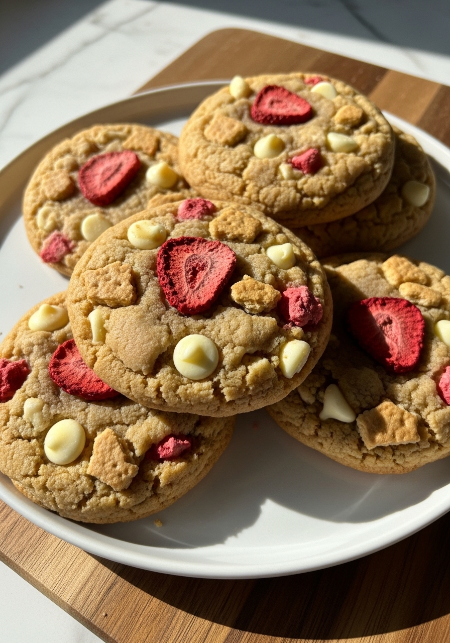 A close-up, slightly elevated shot of a few perfectly baked, golden-brown Strawberries and Cream Cookies, stacked loosely on a minimalist white plate on a wooden cutting board. The image emphasizes the rich texture of the cookies, with prominent freeze-dried strawberry pieces, white chocolate chips, and graham cracker crumbs visible, under natural morning light on marble countertops, creating soft shadows and warm tones.