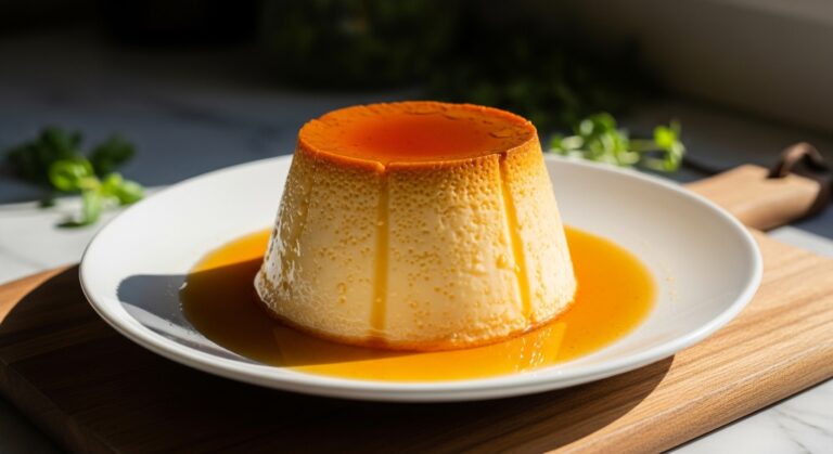 A perfectly inverted, glistening Venezuelan Flan on a minimalist white plate, with the rich amber caramel sauce cascading down its creamy sides. The plate rests on a wooden cutting board on marble countertops, bathed in natural morning light from the east window. Soft shadows play around the dish, and fresh herbs are subtly visible in the background, creating a warm and inviting scene, clean and tidy presentation. (16:9)