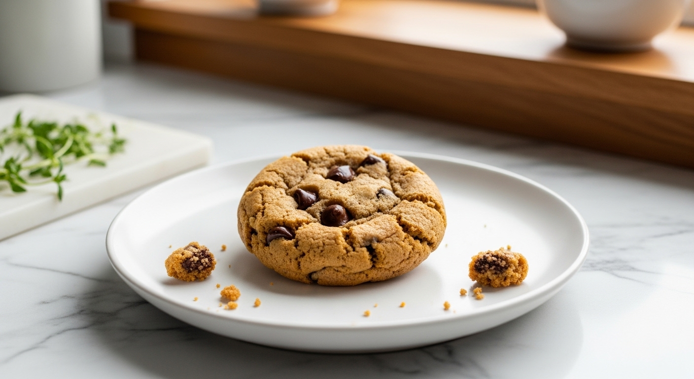 A perfectly baked, plump, and chewy chocolate chip cookie, gloriously golden brown, resting on a minimalist white plate, with a few artful crumbs around it. The scene is bathed in natural morning light from the east window, highlighting its delicious texture against marble countertops with warm wood accents in the background. Fresh herbs are subtly visible, creating a clean and tidy yet inviting presentation, without any hands or people.