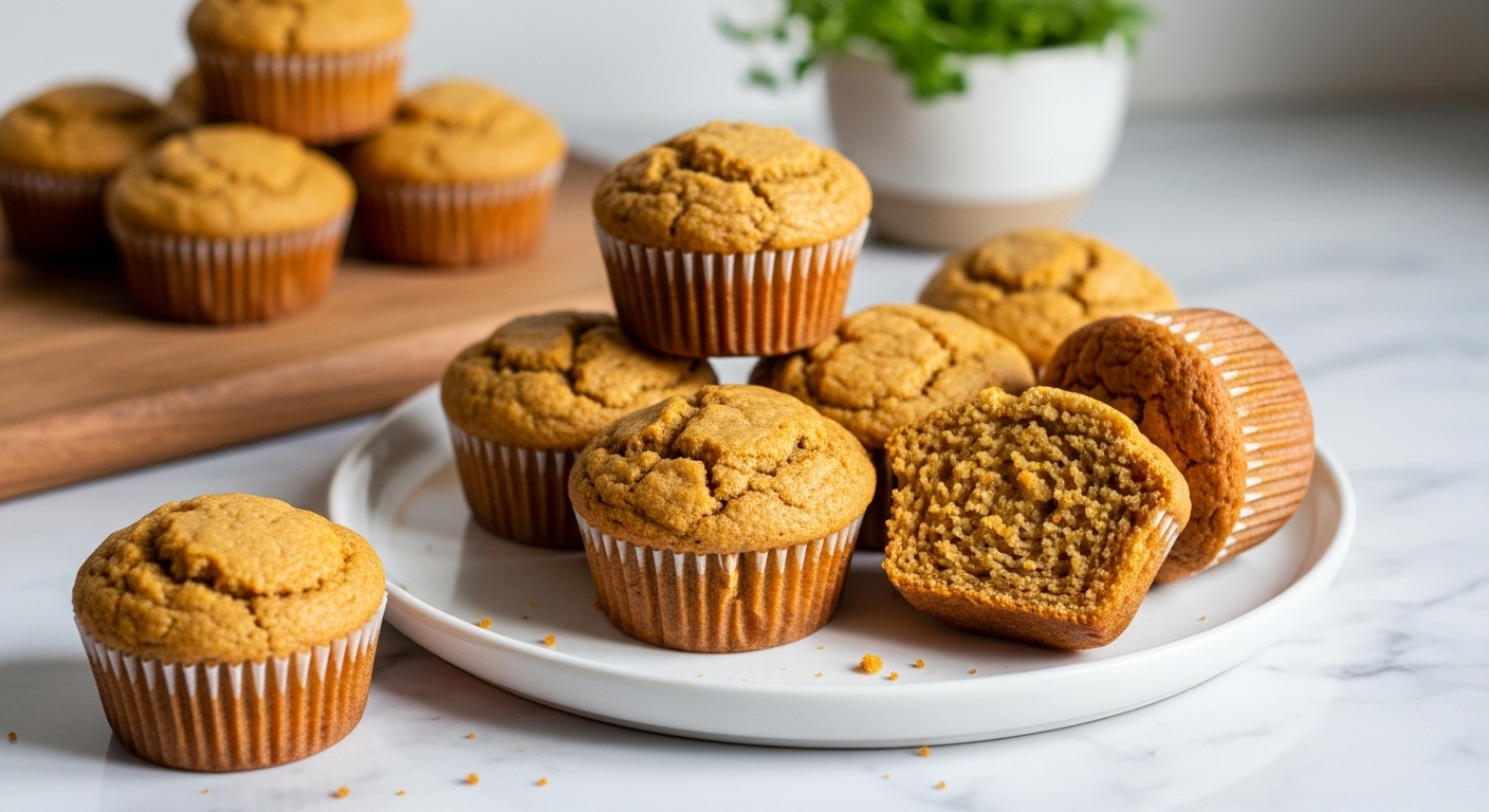 A beautifully arranged shot of several golden brown Yogurt Carrot Cake Muffins, some unwrapped, on a minimalist white plate on marble countertops, with the wooden cutting board visible in the background. Natural morning light casts soft shadows. Fresh herbs are subtly visible in a small ceramic bowl behind the plate. The muffins look deliciously appealing, slightly craggy on top, with a few artful crumbs around.