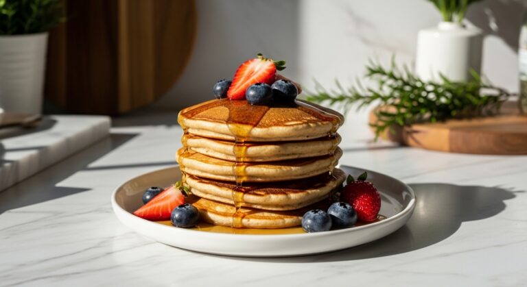 A beautifully composed, warm-toned 16:9 shot of a stack of golden brown High-Protein Yogurt Pancakes on a minimalist white plate, drizzled with maple syrup and topped with fresh berries (strawberries, blueberries). The pancakes are perfectly fluffy and slightly uneven, showing their homemade charm. The background features marble countertops, wood accents, and a sprig of fresh mint or rosemary, all bathed in natural morning light from an east window. Soft shadows are present, maintaining a clean and tidy but lived-in feel. No hands are visible.