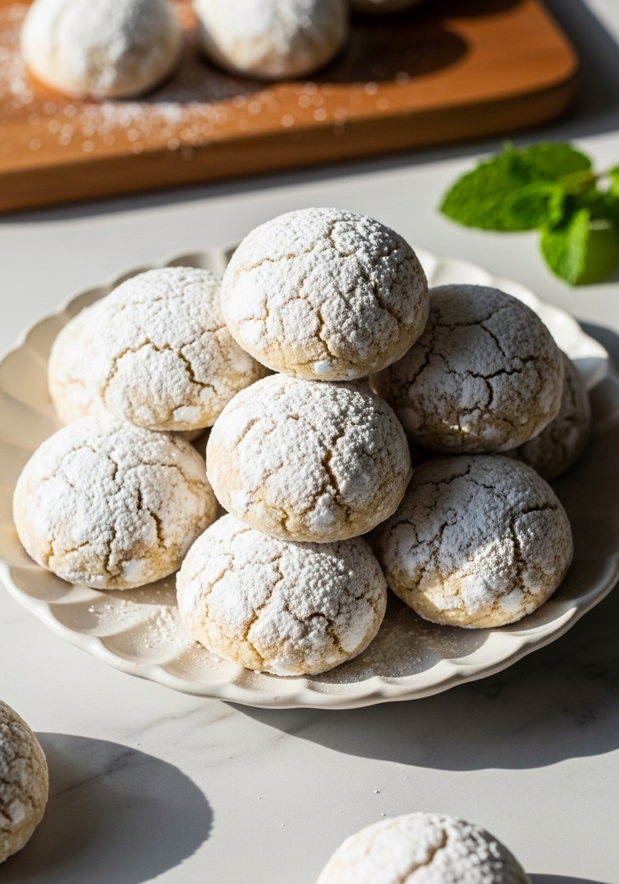 A close-up, elevated side view of a delightful pile of powdered sugar-dusted Almond Amaretto Cookies on a minimalist white scalloped plate, showcasing their soft, round shape and thick powdery coating. The shot is composed on a clean marble countertop under natural morning light, with the wooden cutting board subtly in the background, and a hint of fresh mint for a touch of green. The perspective makes them look irresistibly delicious and ready to be enjoyed. No hands.