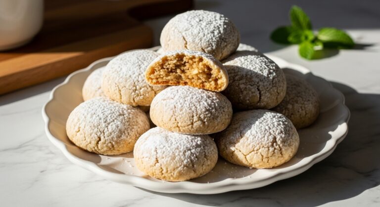 A beautifully composed hero shot of delicious, powdered sugar-dusted Almond Amaretto Cookies piled high on a minimalist white scalloped plate. One cookie is broken open, revealing its light brown, slightly crumbly, nutty interior. The plate rests on a clean marble countertop, bathed in natural morning light, creating soft, warm shadows. A subtle wood accent from the wooden cutting board and a delicate sprig of fresh mint are visible in the soft background, emphasizing the inviting, homemade appeal. No hands.