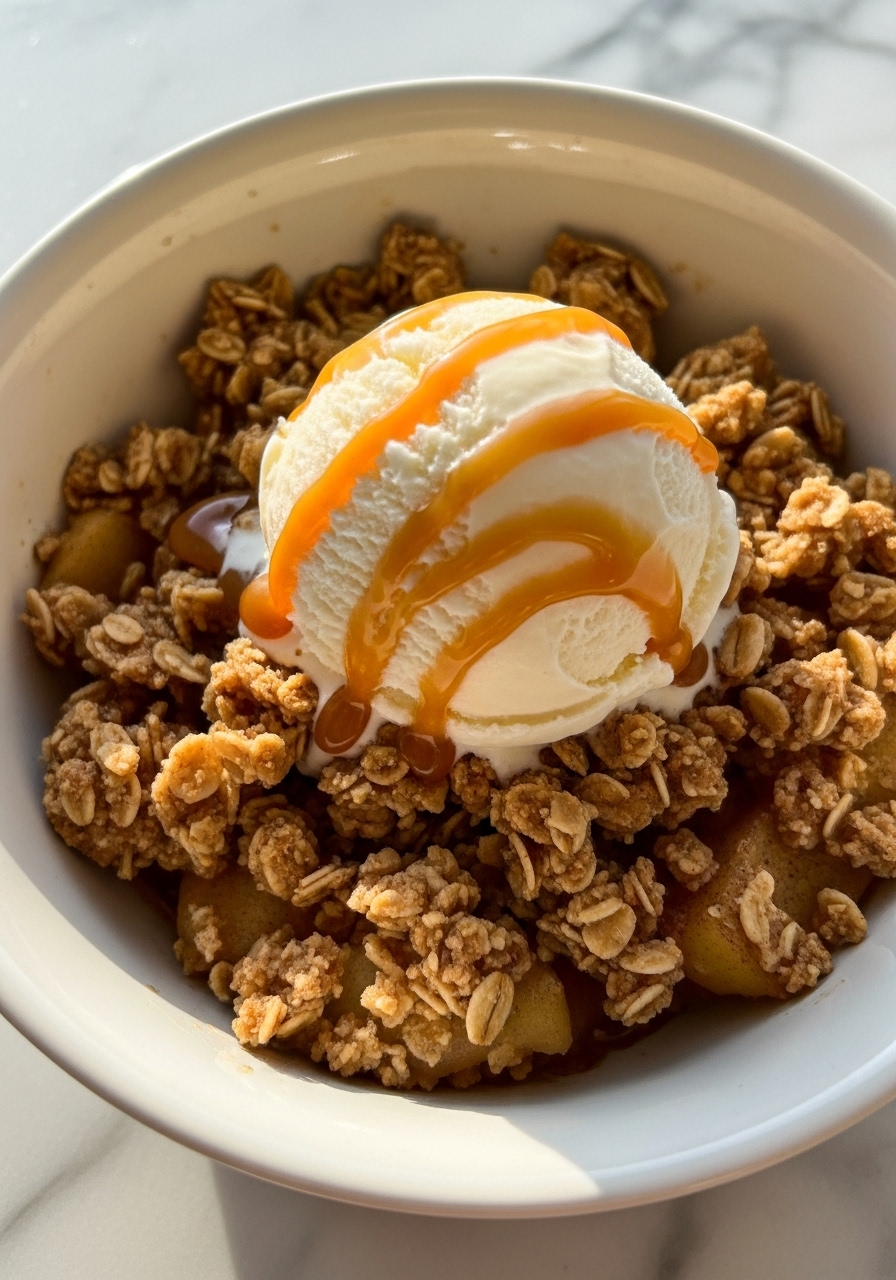 A deliciously appealing close-up, slightly overhead shot of the warm Apple Crisp Recipe in a white ceramic bowl, showcasing the rich texture of the golden-brown oat topping and the soft, cinnamon-kissed apples beneath. A perfect scoop of vanilla ice cream, melting slightly with a thick drizzle of golden caramel sauce, crowns the dessert. The bowl rests on marble countertops, softly lit by natural morning light, with warm tones and inviting shadows. No hands.