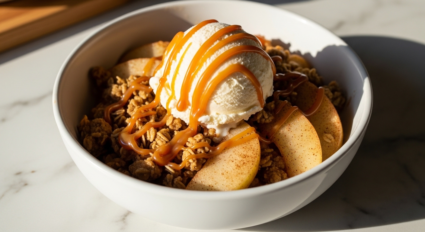 A mouth-watering, warm Apple Crisp Recipe served in a minimalist white ceramic bowl, topped with a melting scoop of vanilla ice cream generously drizzled with golden caramel sauce. The golden brown oat crumble and tender, cinnamon-spiced apple slices are visible. Styled on marble countertops with subtle wood accents and illuminated by natural morning light, creating soft shadows and warm tones, with a clean and tidy presentation. No hands.