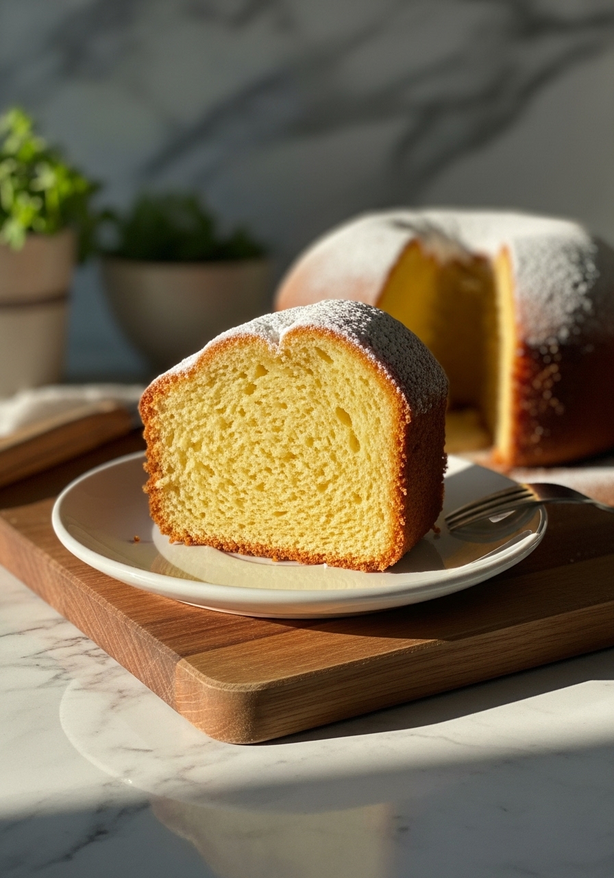 A 3:4 shot of a single, generous slice of Buttermilk Pound Cake, perfectly golden and dusted with powdered sugar, resting on a small minimalist white plate. The soft, tender texture of the cake is clearly visible. The slice is positioned on the same wooden cutting board, with the marble countertop and warm natural morning light creating a cozy atmosphere. The background features subtle hints of fresh herbs in a ceramic bowl, adding to the lived-in kitchen feel.