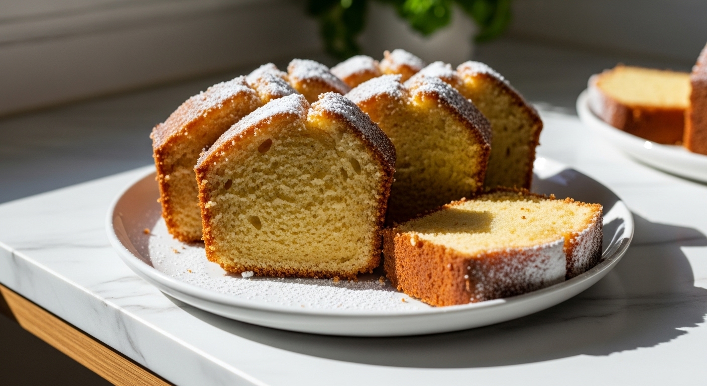 A beautifully composed 16:9 shot of several golden brown slices of Buttermilk Pound Cake, artfully arranged on a minimalist white plate. Each slice is delicately dusted with powdered sugar, showcasing its moist, tender crumb. The scene is bathed in natural morning light coming from an east window, casting soft shadows. A corner of the marble countertop is visible with a subtle wood accent and a hint of fresh green herbs in the soft background, maintaining a clean and tidy presentation.
