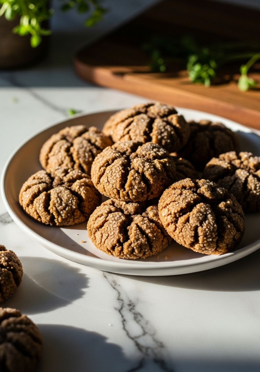 A close-up, slightly elevated shot of a plate of freshly baked Chai Spiced Cookies on a minimalist white plate, revealing their soft, crinkled texture and the glistening sugar coating. The plate rests on marble countertops with warm wood accents, under natural morning light. Fresh herbs are blurred in the background, and soft shadows enhance the cozy atmosphere. No hands visible.