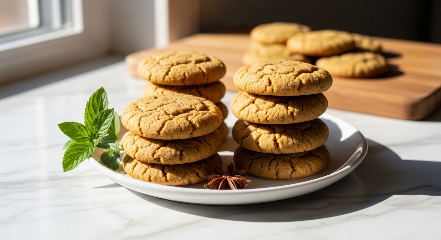 A delicious arrangement of golden brown Chai Spiced Cookies, perfectly baked and stacked, presented on a minimalist white plate on marble countertops. A sprig of fresh mint or star anise is artfully placed beside them. The scene is bathed in soft natural morning light from an east window, with warm tones and subtle shadows. The wooden cutting board is visible in the background, creating a clean, tidy, and appealing presentation, no hands visible.