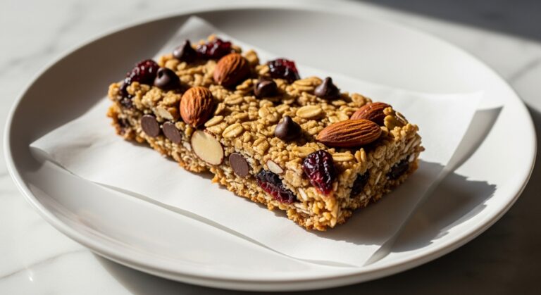 A beautifully plated close-up of a single delicious chewy homemade granola bar on a minimalist white plate, resting on parchment paper on a marble countertop with soft natural morning light illuminating its golden oats, mini chocolate chips, almonds, and deep red dried cranberries, creating appealing textures and warm tones, with subtle shadows and a clean, tidy presentation. No hands visible.