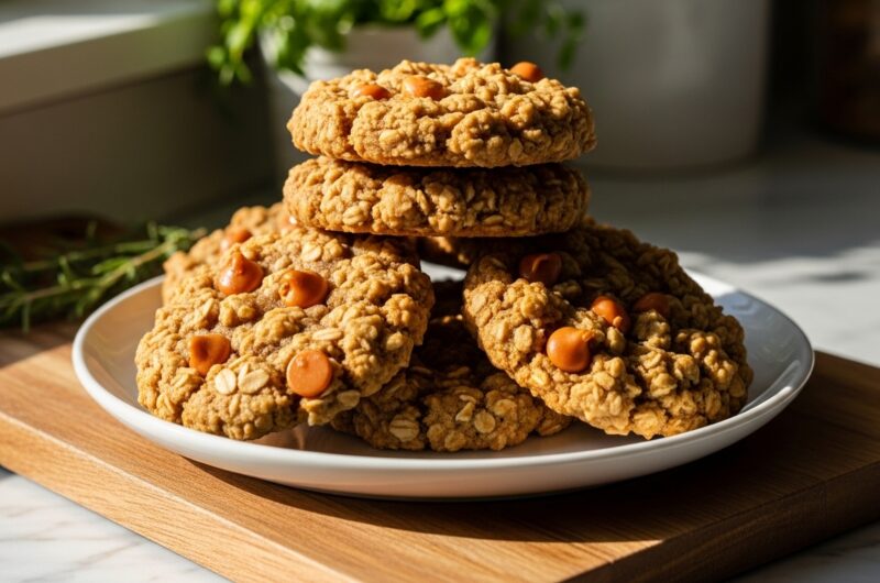 A beautifully composed 16:9 shot of several golden brown chewy oatmeal scotchies stacked on a minimalist white plate, resting on the wooden cutting board. Natural morning light from the east window casts soft shadows. Fresh herbs are visible in the background, out of focus. The cookies have visible oats and melted butterscotch chips, creating an incredibly yummy and comforting appeal. The marble countertop is clean and tidy.