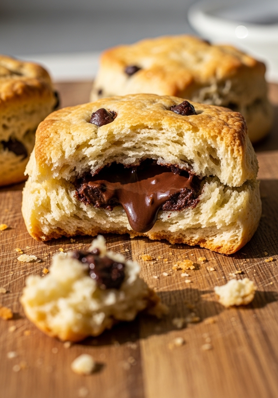 A close-up, inviting shot of a freshly baked chocolate chip scone, broken open to reveal its flaky layers and warm, melted chocolate chips inside. It sits on the familiar wooden cutting board, with a few crumbs around, captured in natural morning light, emphasizing its incredible texture and appeal, without any hands.