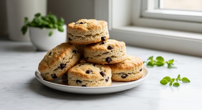 A beautifully arranged shot of a stack of golden brown chocolate chip scones on a minimalist white plate, with a few fresh herbs artfully placed nearby on the marble countertop. Natural morning light streams in from the east window, creating soft shadows. The overall presentation is clean, tidy, and exudes warm, comforting tones, focusing on the deliciousness of the scones, without any hands.
