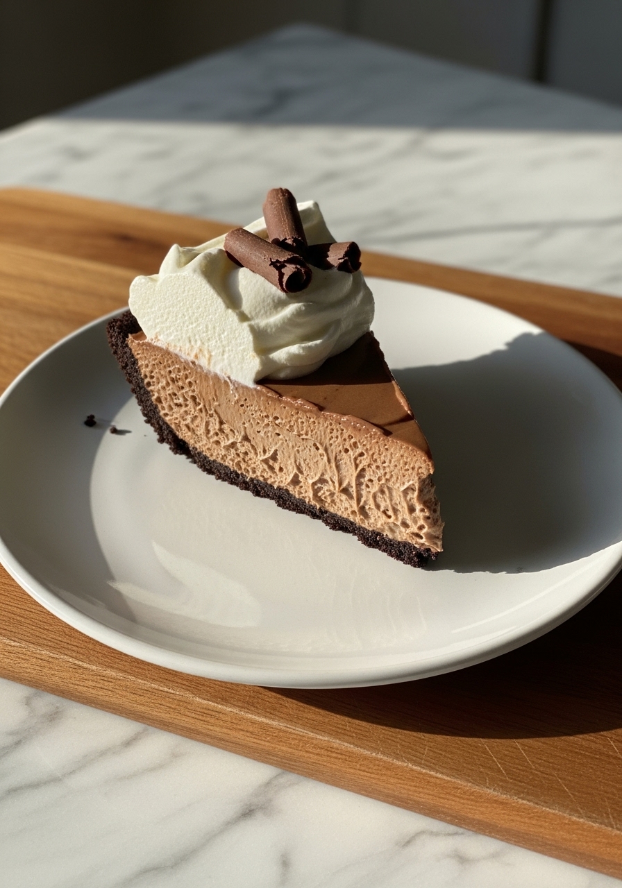 A slightly elevated, close-up shot of a single slice of Chocolate French Silk Pie on a minimalist white ceramic plate, positioned on the wooden cutting board on marble countertops. The focus is on the rich, creamy texture of the light brown chocolate filling, the dark crumbly crust, and the billowy white whipped cream with its inviting chocolate curls. Natural morning light creates warm tones and soft shadows. No hands or people visible.