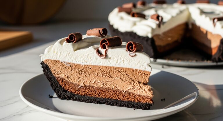A mouth-watering slice of Chocolate French Silk Pie, showcasing its distinct layers: a dark chocolate cookie crust, a creamy light brown chocolate filling, and a generous topping of thick white whipped cream adorned with delicate chocolate curls. The pie slice is perfectly cut, sitting on a minimalist white plate on marble countertops with subtle wood accents in the background, bathed in natural morning light from an east window. Soft shadows enhance the delicious texture. No hands or people visible.