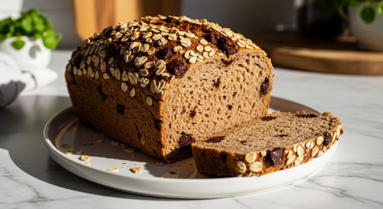 A beautifully plated, rustic loaf of chocolate whole wheat bread, with a deeply golden, oat-crusted top, placed on a minimalist white ceramic plate on marble countertops. A thick slice cut from the loaf reveals the airy, brown crumb with rich dark chocolate chunks scattered throughout. Bathed in natural morning light from the east window, creating soft shadows, with subtle wood accents and fresh herbs artfully blurred in the background, exuding warm tones and a clean, tidy presentation. No hands.