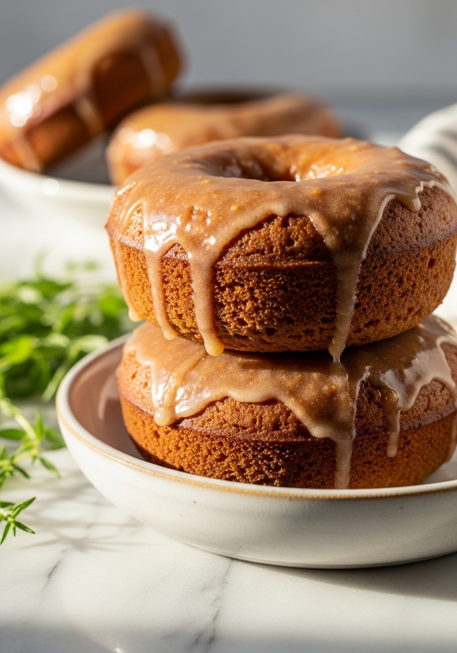 A close-up, slightly angled shot of a stack of two deliciously appealing Clean Eating Apple Butter Baked Donuts, showcasing their moist texture and the glistening maple glaze. They are resting on a ceramic bowl with fresh herbs visible in the background, set on marble countertops under soft natural morning light, emphasizing warm tones and a clean look. No hands visible.