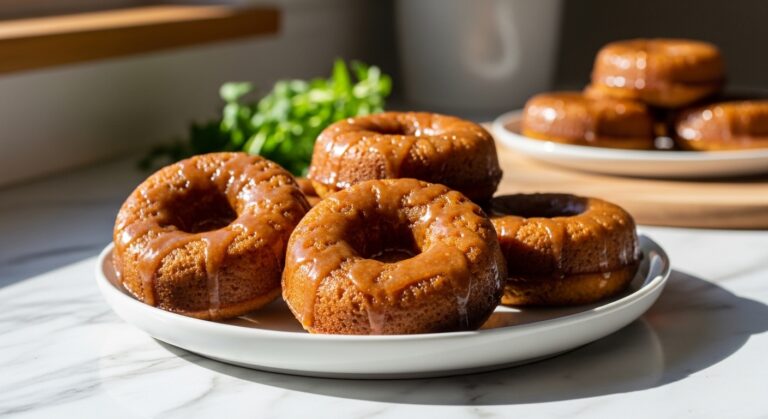A beautifully styled hero shot of several mouth-watering Clean Eating Apple Butter Baked Donuts with glistening maple glaze, artfully arranged on a minimalist white plate, with fresh herbs subtly in the soft-focused background. The scene is bathed in natural morning light from the east window, highlighting the warm tones and clean presentation on marble countertops with subtle wood accents. No hands visible.