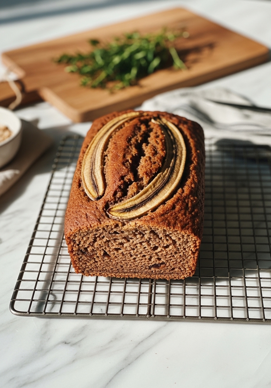 A rustic, wholesome loaf of Date Sweetened Banana Bread, cooling on a wire rack on the marble countertop, with gentle natural morning light creating soft shadows. The same wooden cutting board and a sprig of fresh herbs are artfully placed nearby, emphasizing a clean and tidy presentation. No hands or people.