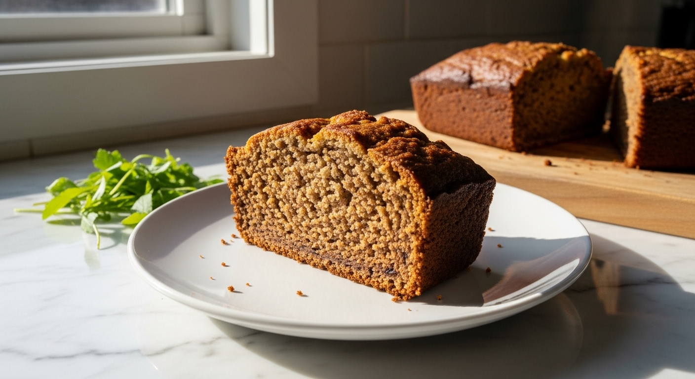 A beautifully plated slice of moist Date Sweetened Banana Bread on a minimalist white plate, with a scattering of fresh green herbs in the background. The scene is illuminated by soft, natural morning light filtering through the east window, highlighting the marble countertops and a corner of the same wooden cutting board. The loaf's golden-brown crust and tender crumb are perfectly visible, evoking a delicious, wholesome appeal. No hands or people.