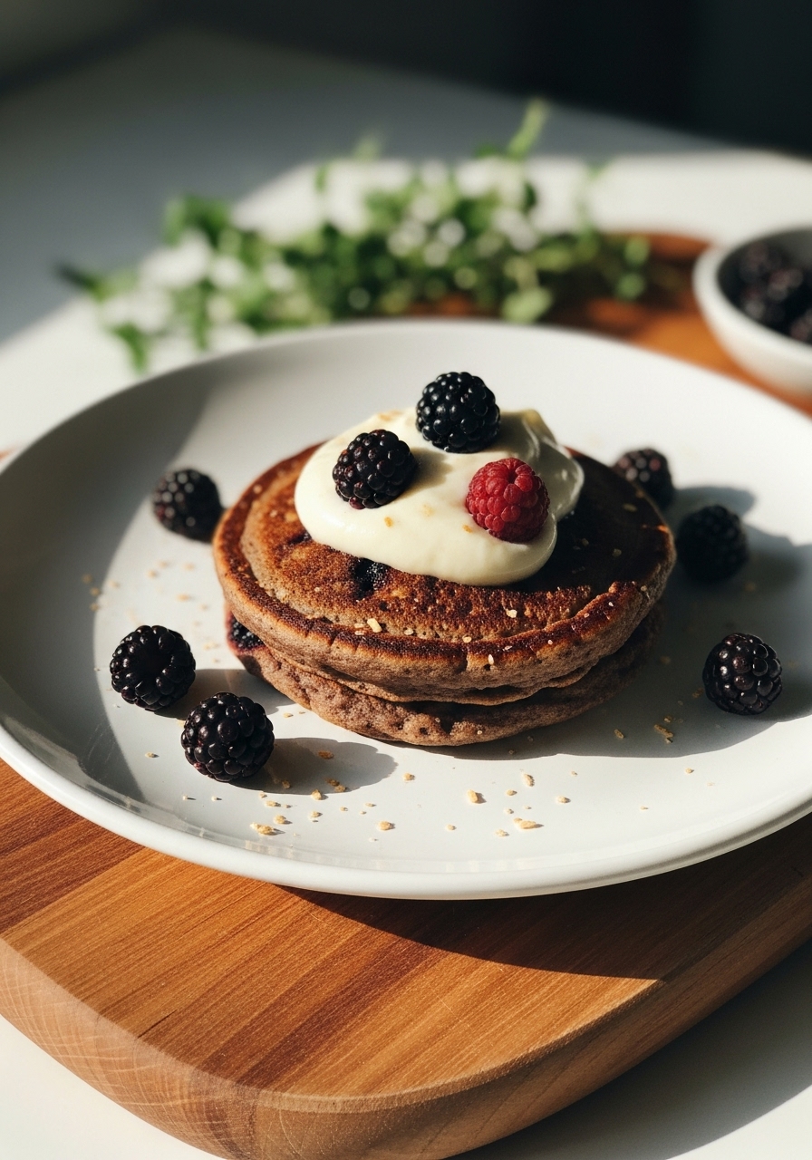A delicious close-up shot of a single Date Sweetened Berry Pancake on a minimalist white plate, revealing its fluffy texture, adorned with a dollop of vanilla bean coconut cream and a few scattered fresh berries. The shot is on the signature wooden cutting board, with natural morning light highlighting the textures and warm tones. Fresh herbs are softly blurred in the background. NO HANDS.