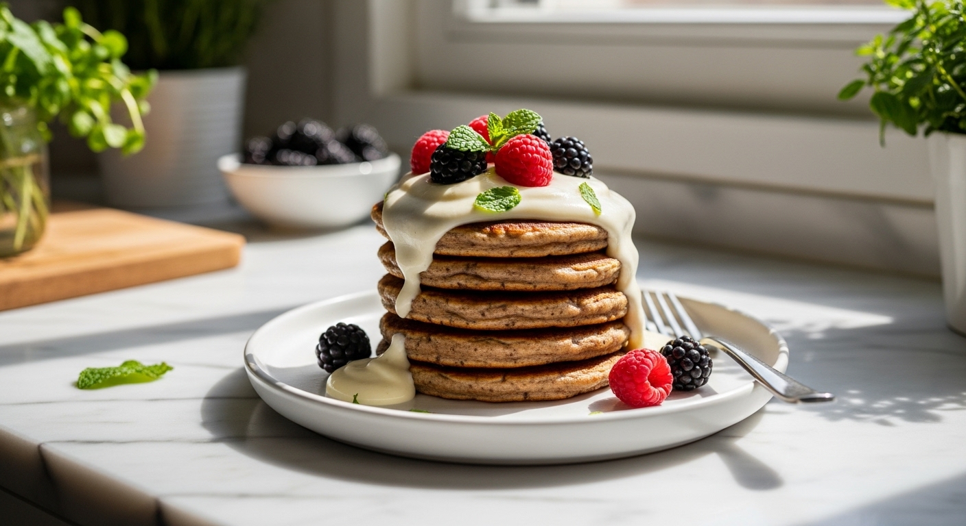 A beautifully composed, static hero shot of a stack of golden brown, mouth-watering Date Sweetened Berry Pancakes on a minimalist white plate, generously topped with creamy vanilla bean coconut cream and fresh berries, with a sprinkle of fresh mint leaves. The scene is set on marble countertops with subtle wood accents, bathed in natural morning light from an east window, soft shadows casting a warm glow. Fresh herbs are visible in the background, creating a clean and tidy, yet inviting, presentation. NO HANDS.