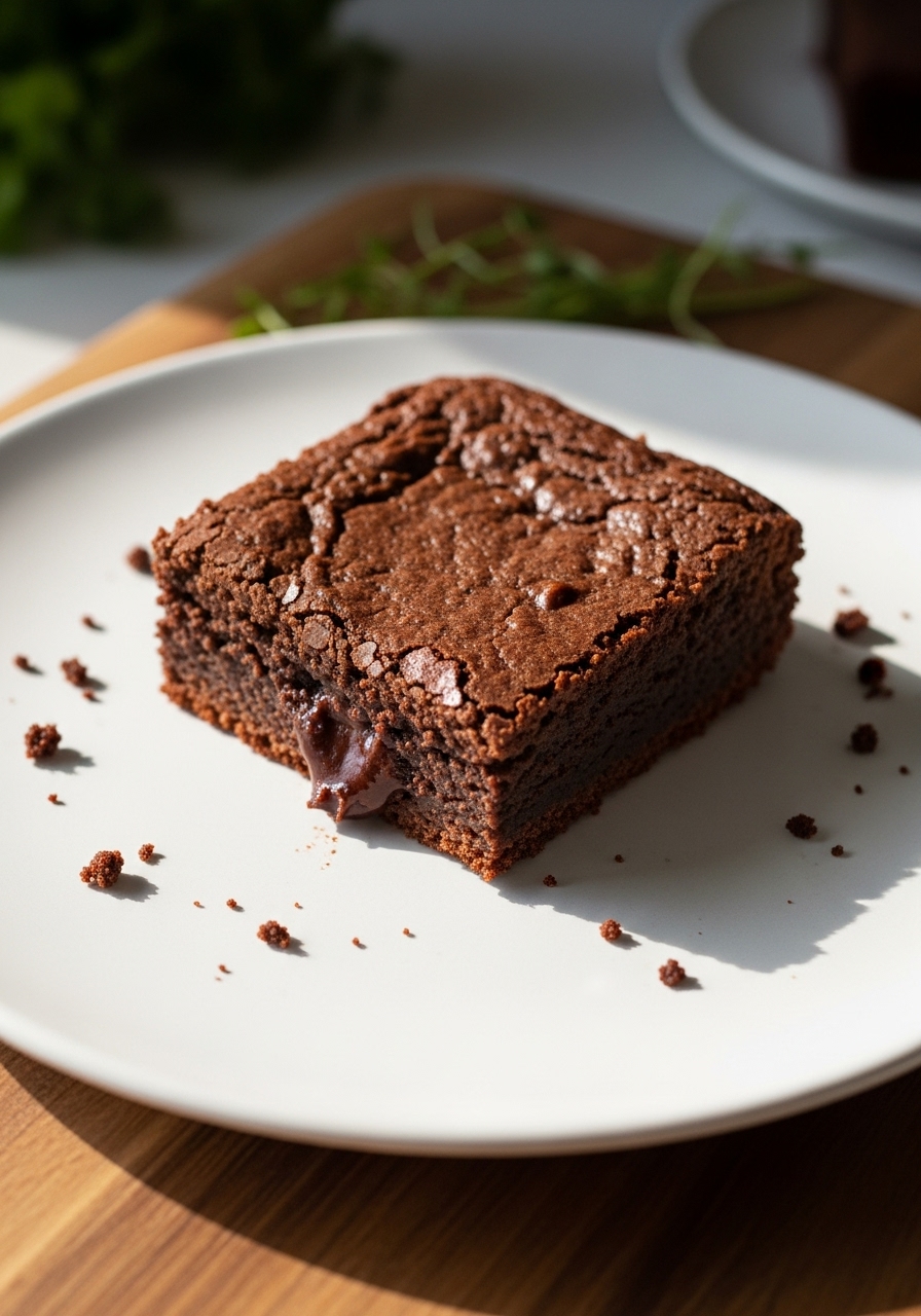 A delicious and appealing shot of a single fudgy date sweetened brownie on a minimalist white plate, placed on the wooden cutting board. The angle is slightly from above, showcasing its gooey center and dense, rich texture with small, artful crumbs around it. Natural morning light highlights the chocolatey sheen, and soft shadows add depth. Fresh herbs are subtly visible in the background, without any hands or people.
