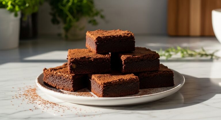 A beautiful, wide shot of several fudgy date sweetened brownies stacked imperfectly on a minimalist white plate, adorned with a light dusting of cocoa powder. The plate rests on marble countertops with a subtle wooden accent in the background. Natural morning light from the east window casts soft shadows. Fresh herbs are visible in the background, out of focus. The scene is clean, tidy, and has warm tones, emphasizing the brownies' rich, deep chocolate color and incredibly yummy texture, without any hands or people.