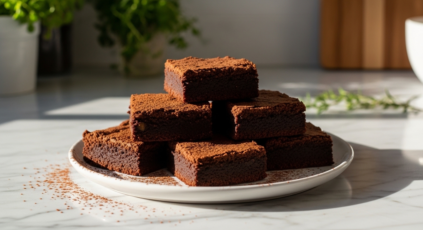 A beautiful, wide shot of several fudgy date sweetened brownies stacked imperfectly on a minimalist white plate, adorned with a light dusting of cocoa powder. The plate rests on marble countertops with a subtle wooden accent in the background. Natural morning light from the east window casts soft shadows. Fresh herbs are visible in the background, out of focus. The scene is clean, tidy, and has warm tones, emphasizing the brownies' rich, deep chocolate color and incredibly yummy texture, without any hands or people.