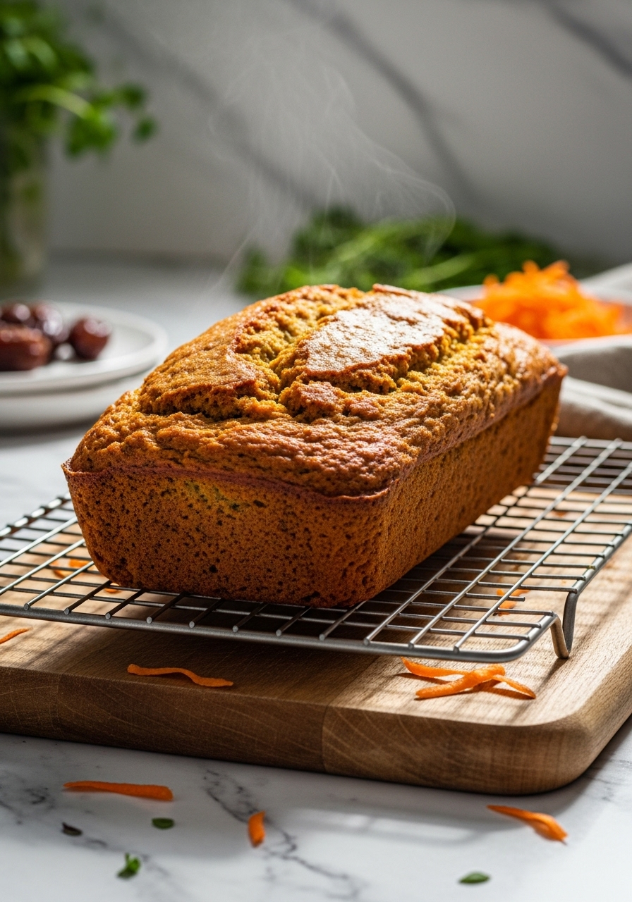A whole Date Sweetened Carrot Loaf, beautifully golden and subtly spiced, cooling on a wire rack on the same wooden cutting board. A few stray carrot shreds and a hint of warm steam rise gently, set against the marble countertops with natural morning light. Fresh herbs add a touch of green to the soft background, emphasizing its homemade warmth.