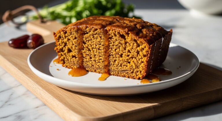 A delicious, golden-brown slice of Date Sweetened Carrot Loaf on a minimalist white plate, drizzled lightly with a date glaze. It rests on the same wooden cutting board on marble countertops, with natural morning light creating soft shadows. Fresh herbs are visible in the blurred background. The loaf is perfectly moist and crumbly, showcasing its wholesome appeal.