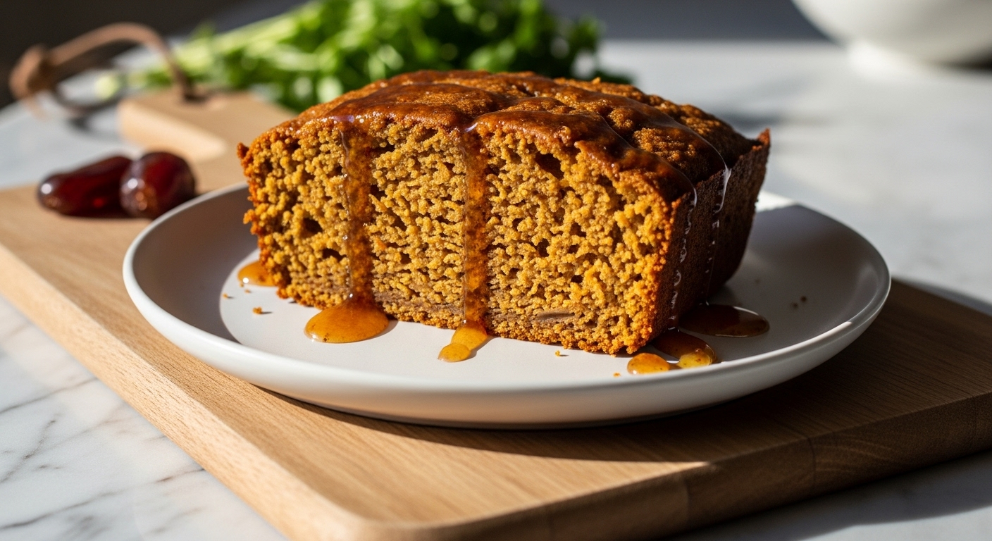 A delicious, golden-brown slice of Date Sweetened Carrot Loaf on a minimalist white plate, drizzled lightly with a date glaze. It rests on the same wooden cutting board on marble countertops, with natural morning light creating soft shadows. Fresh herbs are visible in the blurred background. The loaf is perfectly moist and crumbly, showcasing its wholesome appeal.