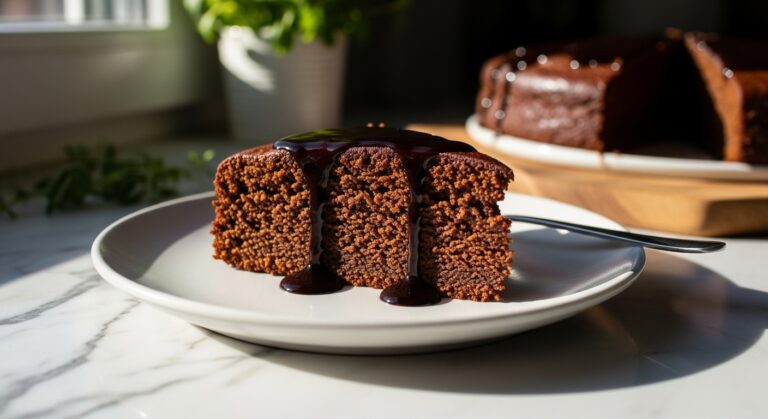 A beautifully plated slice of healthy date sweetened chocolate cake on a minimalist white plate, with a rich, dark glaze drizzled over it. The scene is bathed in natural morning light from an east window, with soft shadows. Fresh herbs are subtly visible in the soft-focus background, and the marble countertop with wood accents creates a warm, clean, and tidy presentation. The cake looks incredibly moist and deliciously appealing, showcasing its wholesome indulgence.