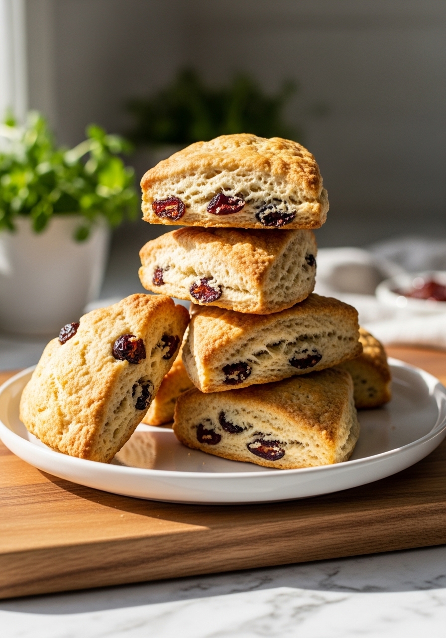 A stack of Date-Sweetened Orange Cranberry Scones, seen from a slight angle, showcasing their golden crust and fluffy interior with visible cranberries and dates. The scones are on a minimalist white plate, placed on the same wooden cutting board on marble countertops. Natural morning light creates soft, warm shadows. Fresh herbs subtly in the background, adding to the lived-in kitchen feel. NO HANDS.