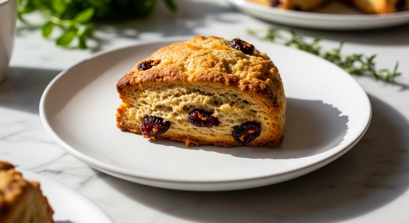 A delicious, warm Date-Sweetened Orange Cranberry Scone, beautifully plated on a minimalist white plate on marble countertops. Natural morning light casts soft shadows. Fresh herbs are visible in the background, adding a touch of green. The scone is golden brown with visible cranberries and a hint of orange zest, appearing incredibly moist and enticing. Clean and tidy presentation, warm tones, conveying a genuine love for baking. NO HANDS.