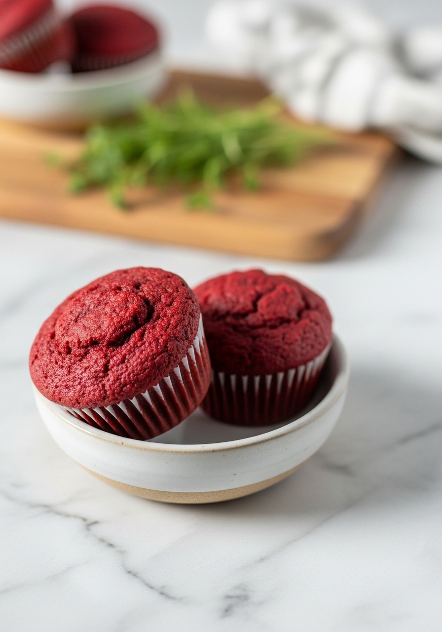 A different angle of the perfectly baked Date-Sweetened Red Velvet Muffins, perhaps two muffins sitting on a small ceramic bowl on the marble countertop. Natural morning light highlights their rich red color and tender crumb. The background subtly features the wooden cutting board and fresh herbs, maintaining a clean, tidy, and warm-toned presentation. No hands.
