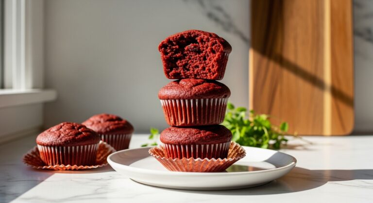 A beautifully arranged shot of a stack of three Date-Sweetened Red Velvet Muffins, one broken open to show the moist interior. The muffins are on a minimalist white plate, placed on marble countertops, with natural morning light streaming from the east window creating soft shadows. A sprig of fresh mint or thyme is subtly visible in the background, next to the same wooden cutting board, all presented in a clean and tidy manner with warm tones. No hands.