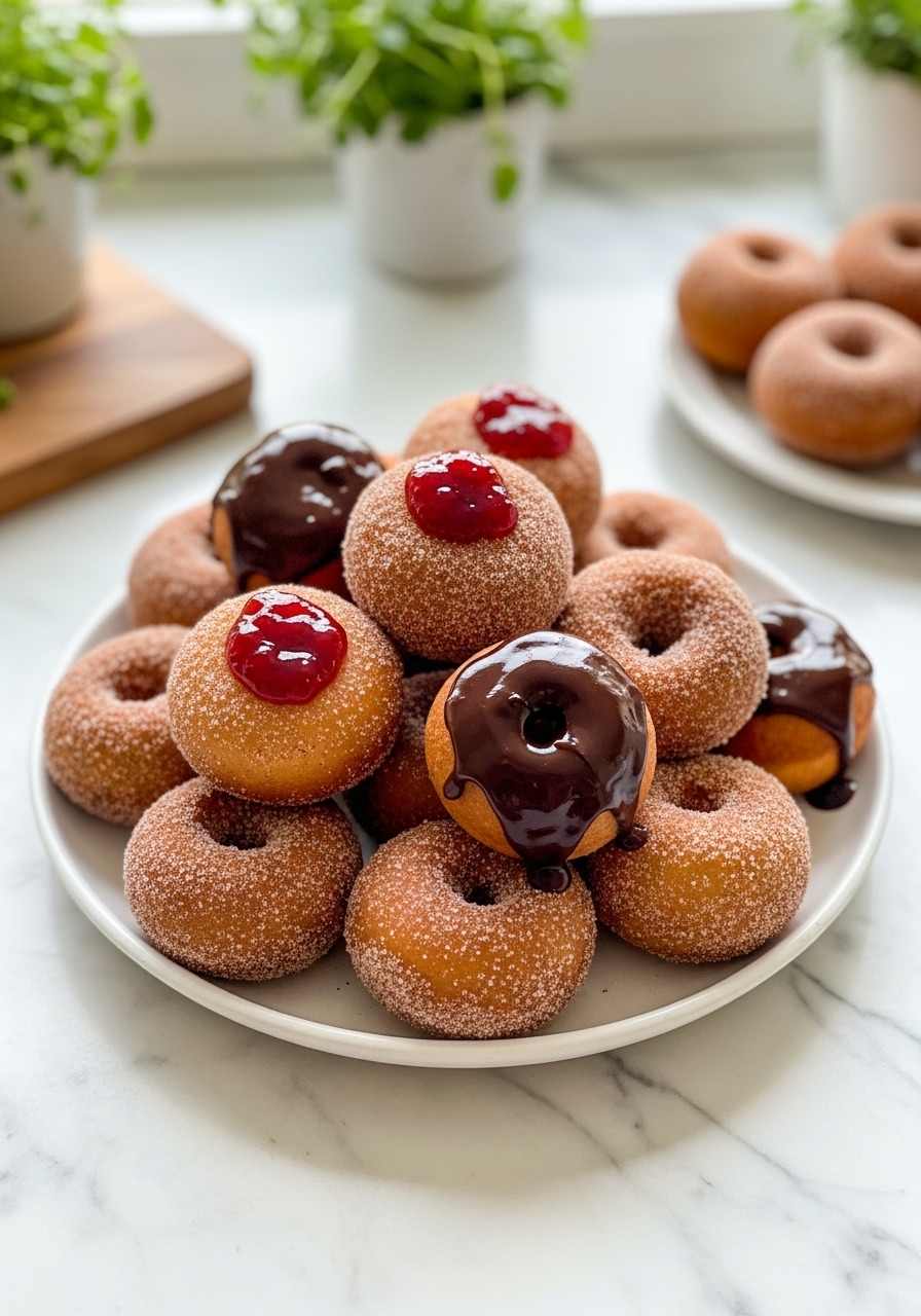 A 3:4 shot of a beautifully presented pile of golden-brown Easy Homemade Donut Holes on a minimalist white plate, some coated in cinnamon sugar, some with dark chocolate glaze, and a few topped with a dollop of bright red jam. The perspective is slightly angled from above, showcasing the tempting variety. The scene is on marble countertops with subtle wood accents, under natural morning light from an east window, with fresh herbs visible in the soft-focus background, without any hands or people.
