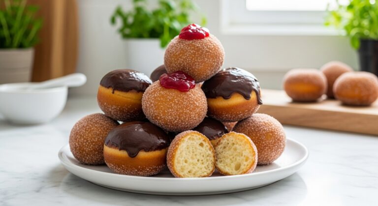 A beautifully composed 16:9 shot of a stack of golden-brown Easy Homemade Donut Holes on a minimalist white plate, some coated in cinnamon sugar, some with dark chocolate glaze, and a few topped with a dollop of bright red jam. One donut hole is broken open revealing its soft, airy interior. The scene is set on marble countertops with subtle wood accents in the background, bathed in soft natural morning light from an east window, with fresh herbs visible in the soft-focus background, conveying a clean and tidy but lived-in kitchen atmosphere, without any hands or people.