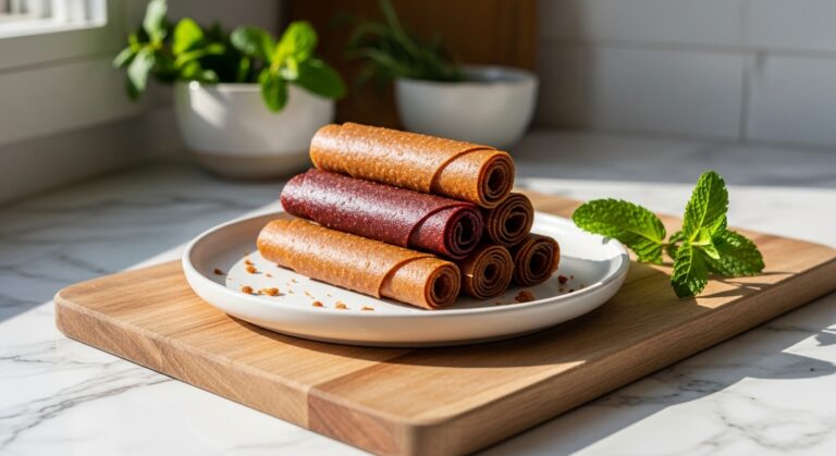 A beautifully styled 16:9 shot of a stack of vibrant Homemade Fruit Leather Roll-Ups on a minimalist white plate, resting on the wooden cutting board against a backdrop of marble countertops. Natural morning light streams in from an east window, casting soft shadows. A sprig of fresh mint is artfully placed nearby, with a hint of other fresh herbs in a ceramic bowl in the soft-focused background. The scene is clean, tidy, and exudes warm tones, emphasizing the deliciousness of the fruit leather with a few artful crumbs.