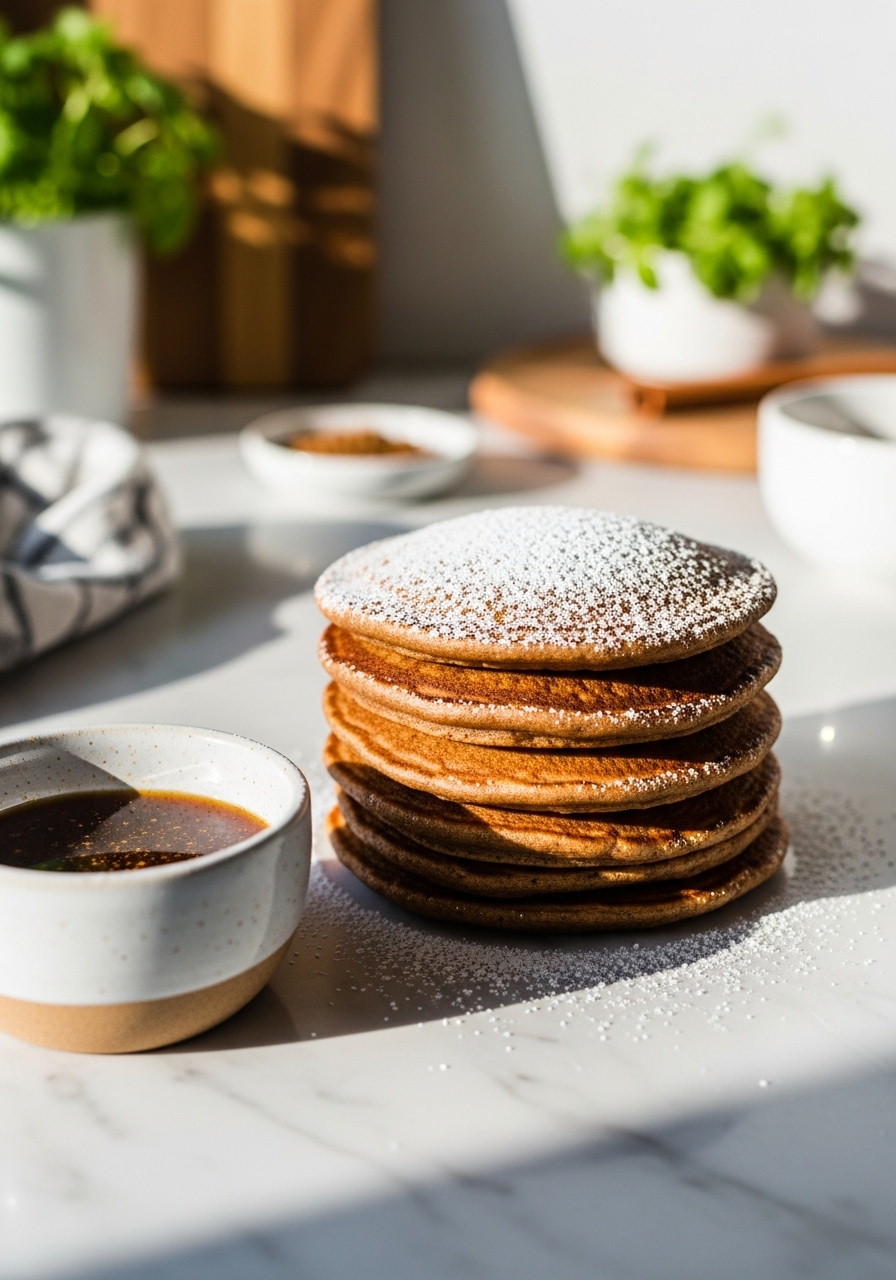 A 3:4 close-up shot of a stack of golden-brown Gingerbread Pancakes, lightly dusted with powdered sugar, with a small ceramic bowl of spiced maple glaze to the side. The scene is bathed in natural morning light on marble countertops, with subtle wood accents and fresh herbs in the background, exuding a clean and tidy presentation.