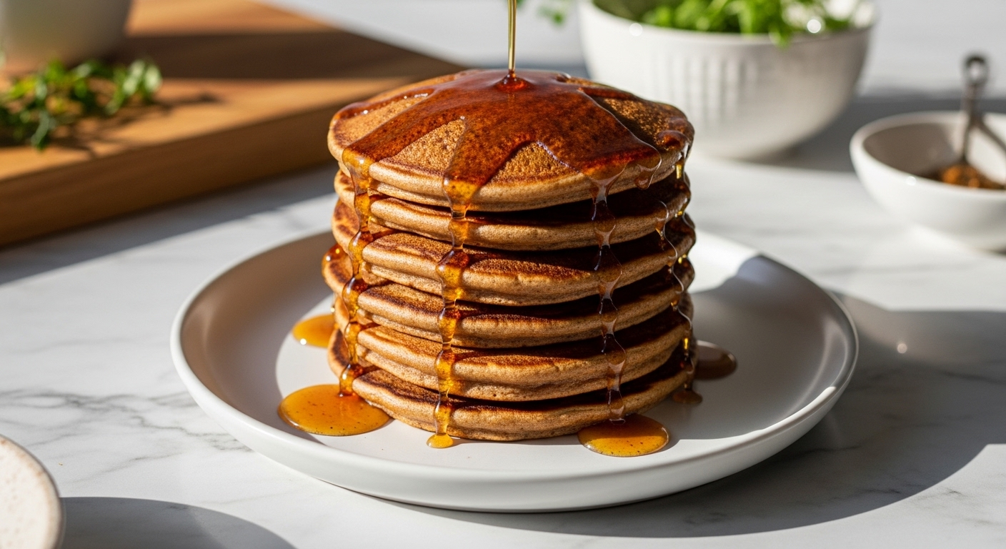 A beautifully composed, warm-toned 16:9 hero shot of a stack of golden-brown Gingerbread Pancakes, generously drizzled with glistening spiced maple glaze, resting on a minimalist white plate on marble countertops. Natural morning light casts soft shadows. Fresh herbs are subtly visible in the background, and the trusty wooden cutting board is nearby.