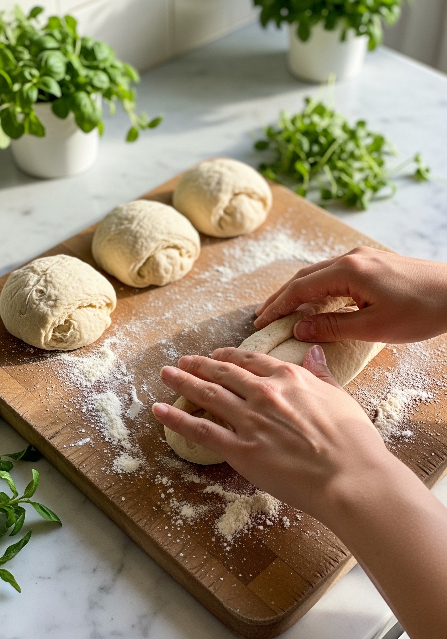 An in-process 3:4 shot of gluten free dough being gently shaped into rustic rolls on the wooden cutting board. The dough is slightly sticky but cohesive, with a light dusting of rice flour on the board. Natural morning light illuminates the marble countertops in the background, with fresh herbs adding a touch of green. The scene is clean, tidy, and captured with warm tones, making the shaping process look inviting and authentic.