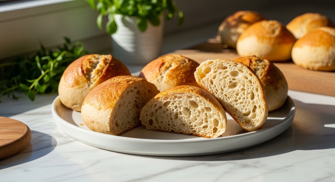 A beautifully styled 16:9 hero shot of several golden brown gluten free artisan rolls, sliced open to reveal their soft, airy interior. They are arranged on a minimalist white plate on marble countertops with natural morning light from an east window. Fresh herbs are subtly visible in the background, and soft shadows highlight the crispy texture. The wooden cutting board is present in the scene, and the overall presentation is clean, tidy, and exudes warm tones. This image should make the gluten free artisan rolls look incredibly mouth-watering.