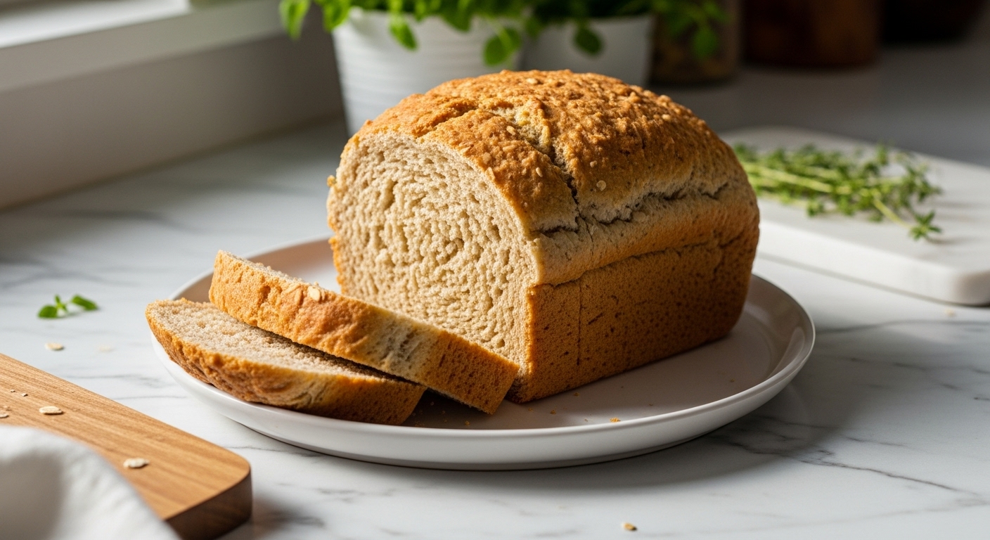 A beautifully baked, golden brown Honey Oat Gluten-Free Sandwich Bread loaf, perfectly sliced and arranged on a minimalist white plate on marble countertops with subtle wood accents. Natural morning light from the east window casts soft shadows. Fresh herbs are visible in the background, adding a touch of green, emphasizing a clean and tidy presentation. The bread looks soft, wholesome, and deliciously appealing.